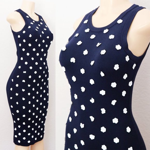 Michael Kors Navy Blue White Sequins Floral Rosette Embellished Knit Midi Dress - Picture 2 of 16